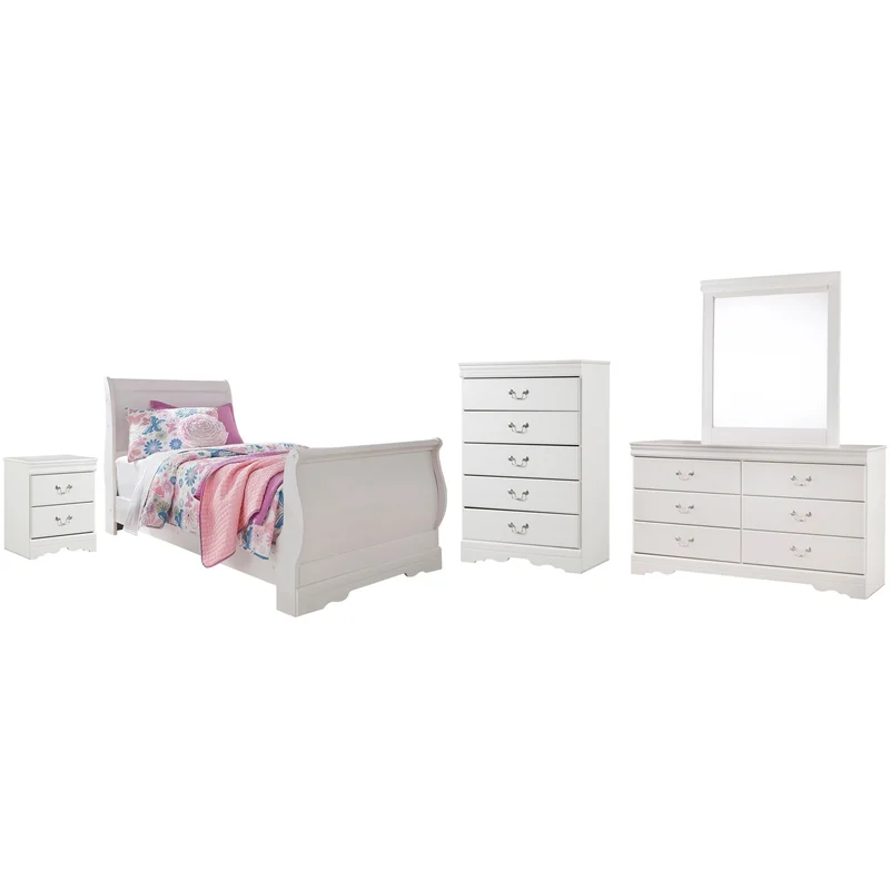 Anarasia Twin Sleigh Bed with Mirrored Dresser Chest and Nightstand