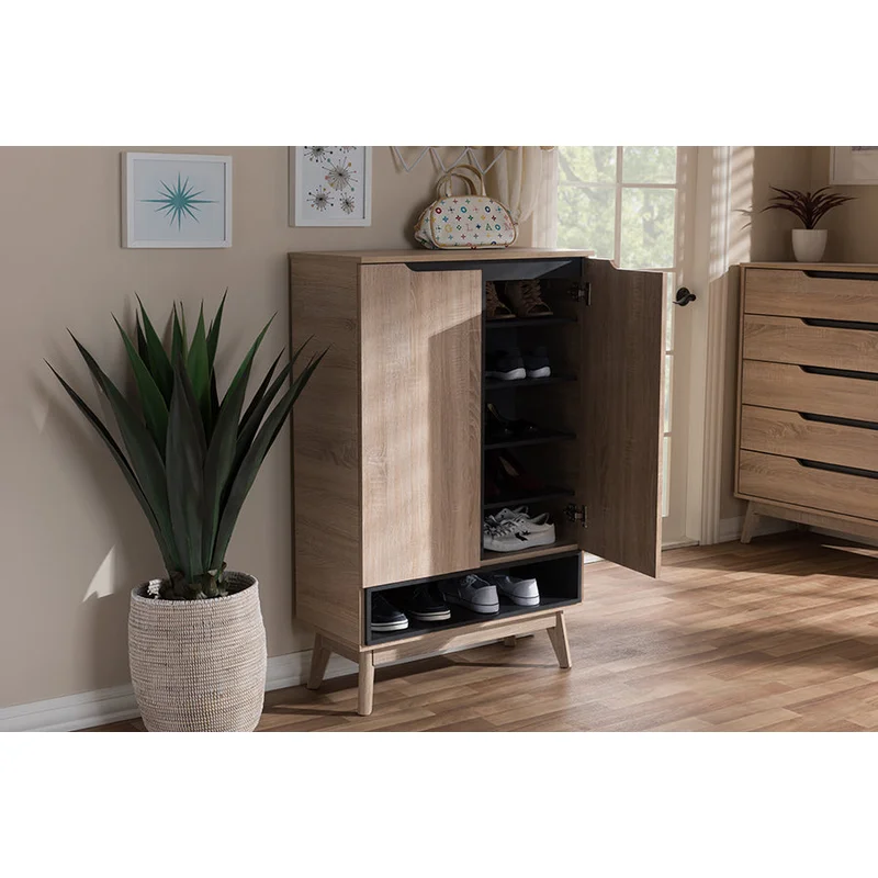 Baxton Studio Fella Mid-Century Modern Two-Tone Oak and Grey Wood Shoe Cabinet