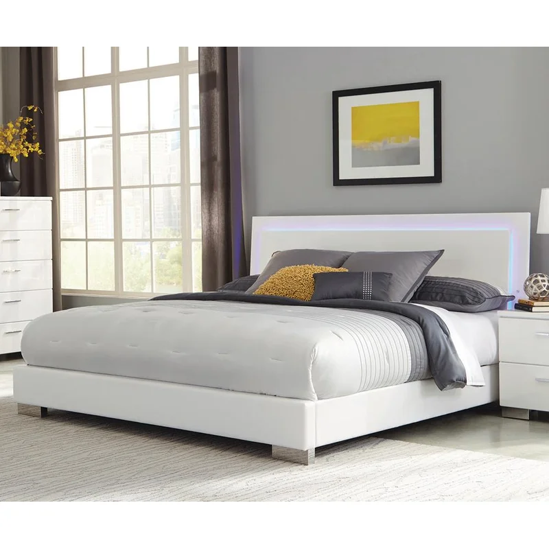 Felicity Glossy White Eastern King Panel Bed with LED Lighting