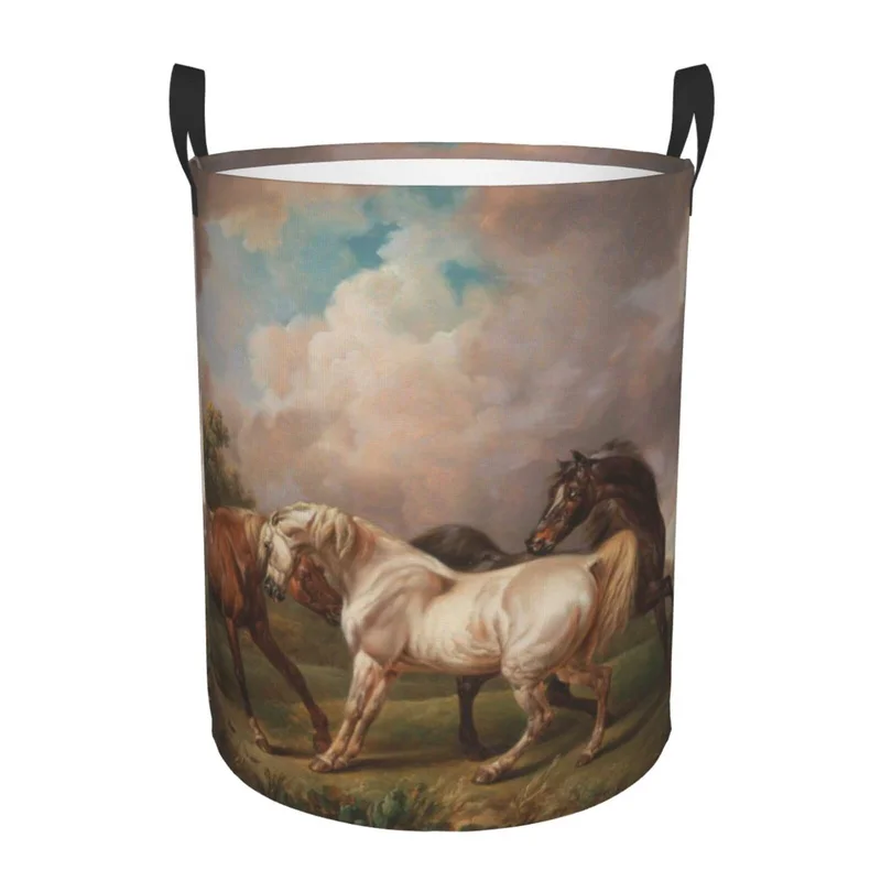 Pevtufa Three Horses Oil Painting Foldable Laundry Basket OrganizerFabric Clothes Toy Storage Basket Nursery Hamper Storage Bin