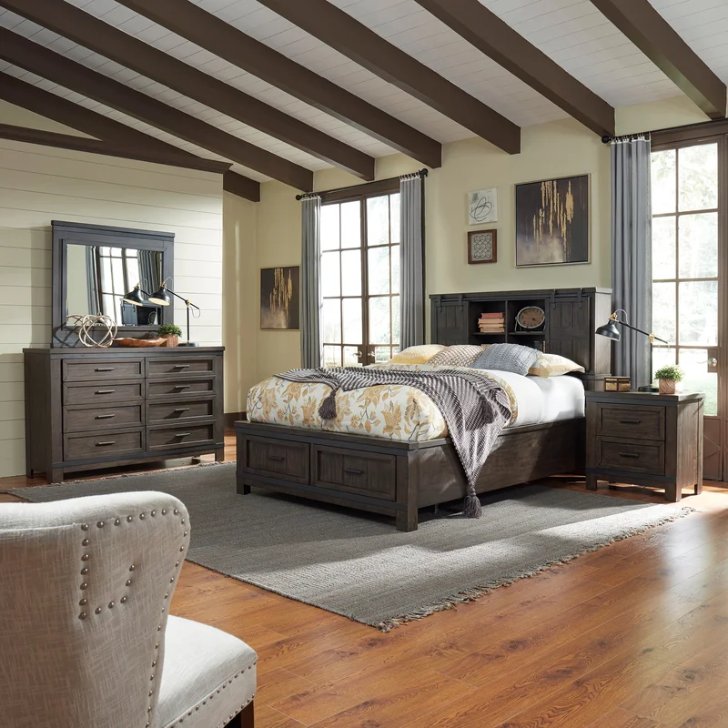 Thornwood Hills 759-BR-QBBDMN Queen Bookcase Bed Dresser & Mirror Night Stand