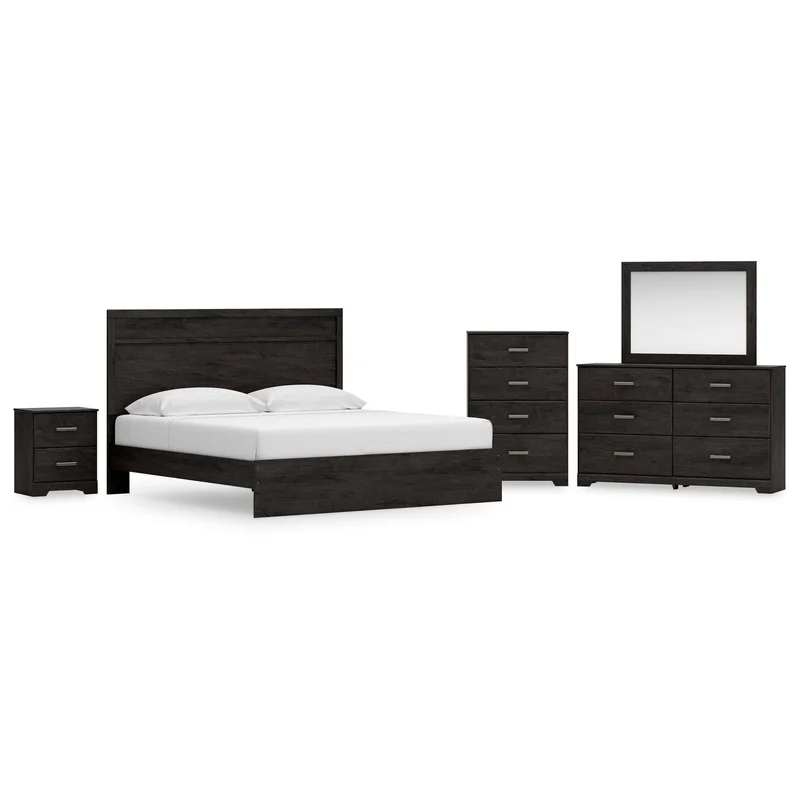 Belachime King Panel Bed with Mirrored Dresser Chest and Nightstand