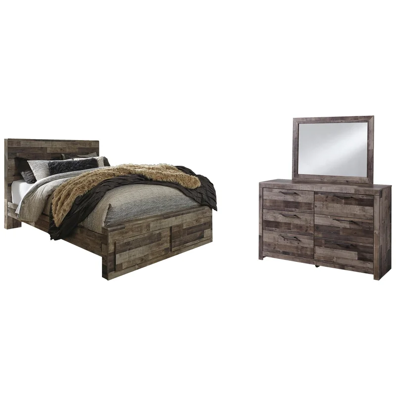 Derekson Queen Panel Bed with 2 Storage Drawers with Mirrored Dresser