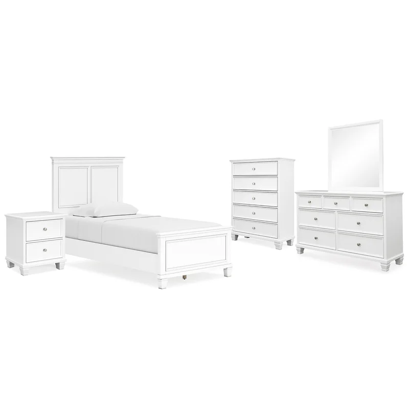 Fortman Twin Panel Bed with Mirrored Dresser Chest and Nightstand