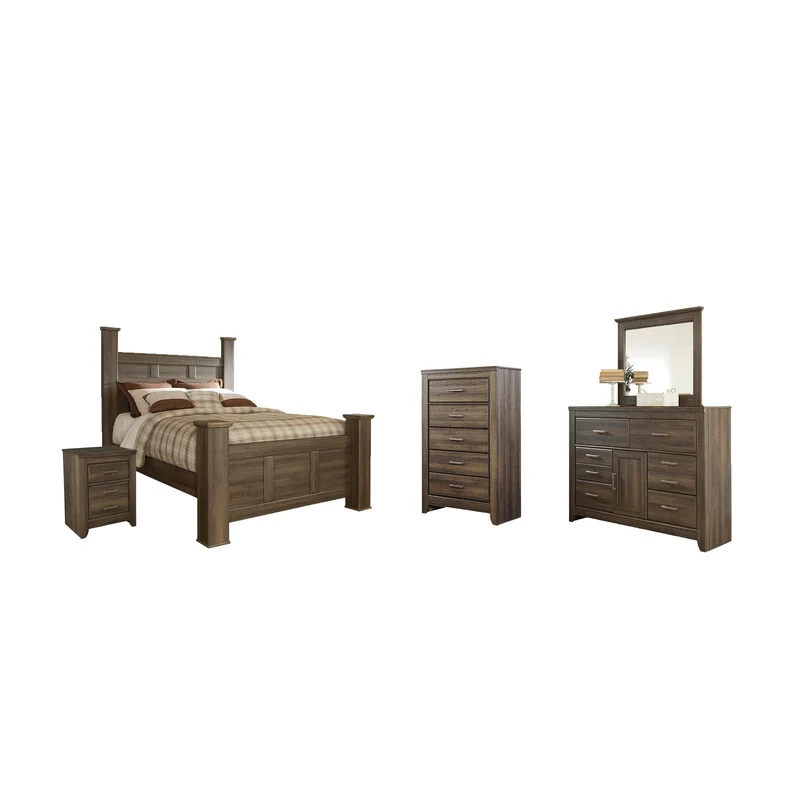 Juararo Queen Poster Bed with Mirrored Dresser Chest and Nightstand