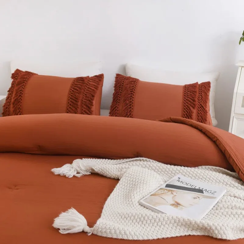 Tassel Fringe Microfiber 3 Pieces Boho Chic Comforter Sets Queen