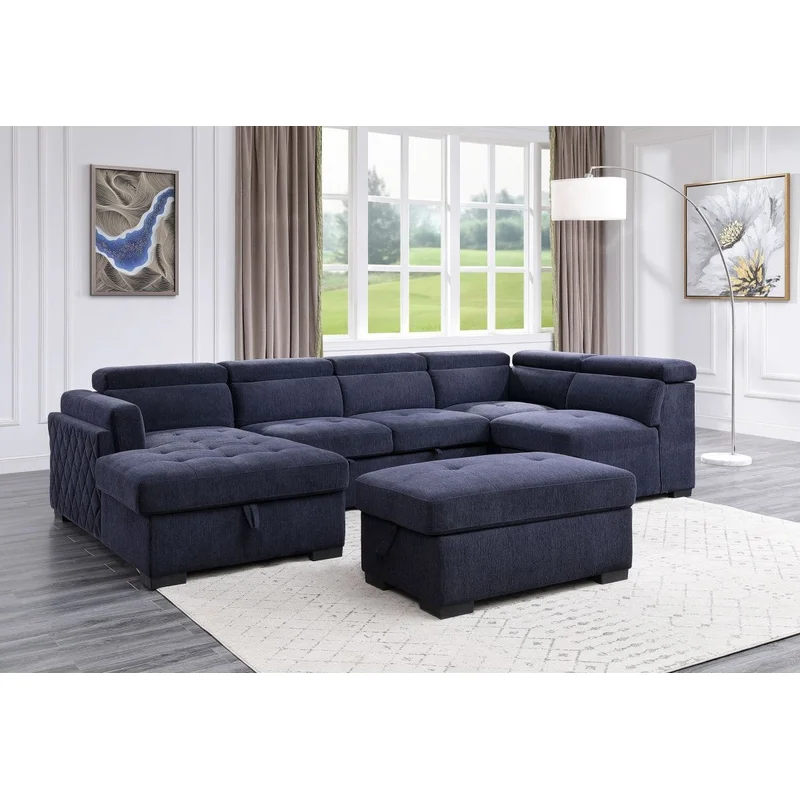 ACME Nekoda Storage Sleeper Sectional Sofa and Ottoman Navy Blue Fabric 55520