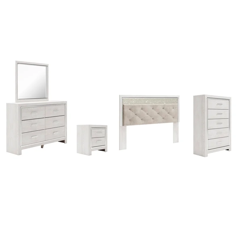 Altyra King Panel Headboard Bed with Mirrored Dresser Chest and Nightstand