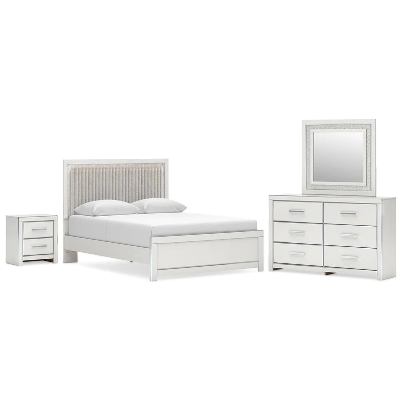 Birmonton Queen Upholstered Panel Platform Bed Dresser Mirror and Nightstand