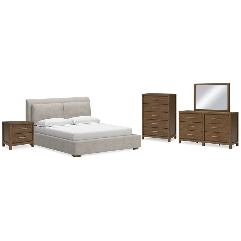 Cabalynn King Upholstered Bed with Mirrored Dresser Chest and Nightstand