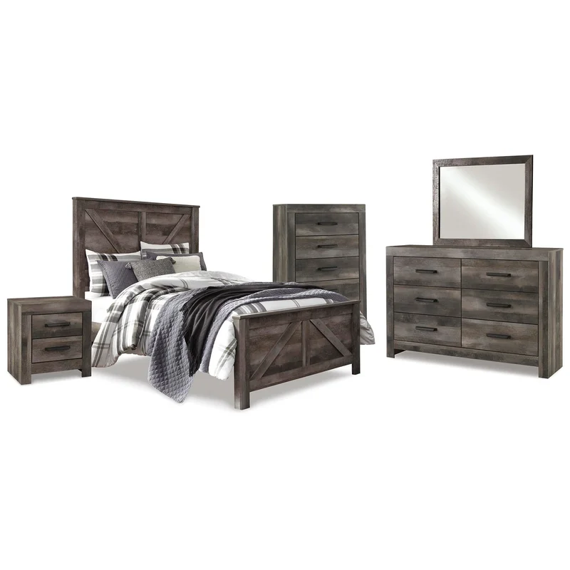 Wynnlow Queen Crossbuck Panel Bed with Mirrored Dresser Chest and Nightstand