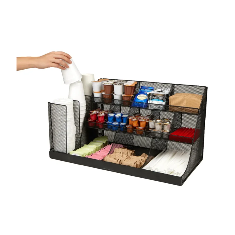 14-Compartment 3-Tier Large Breakroom Condiment Organizer Black Metal Mesh