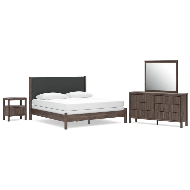 Cadmori King Upholstered Panel Bed Dresser Mirror and Nightstand