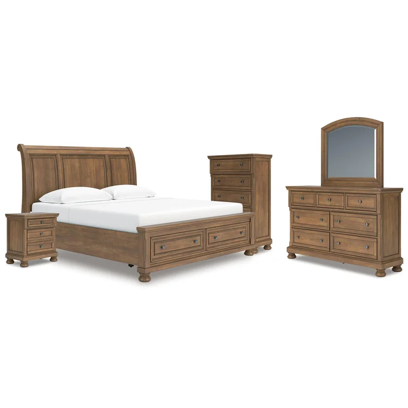 Vandenmore King Storage Sleigh Bed with Mirrored Dresser Chest and Nightstand