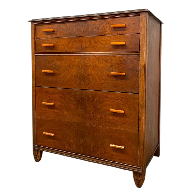 Vintage Art Deco 5 Drawer Dresser with Book matched Burl Wood Accents and Bakelite Pulls by Crescent furniture Co (Available by Online Purchase Only)