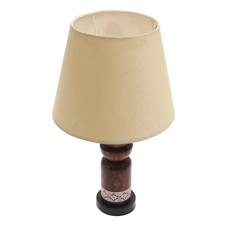 Wooden Table Lamp White & Pink Printed Base | Classic Beige Shade