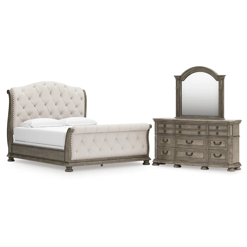 Ardenfield California King Upholstered Sleigh Bed Dresser and Mirror