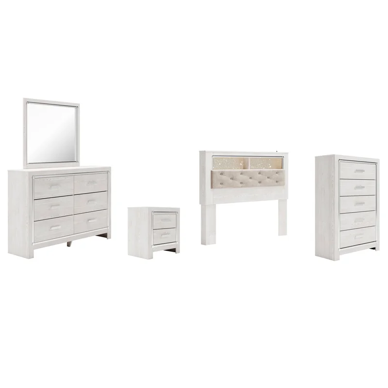 Altyra Queen Bookcase Headboard Bed with Mirrored Dresser Chest and Nightstand