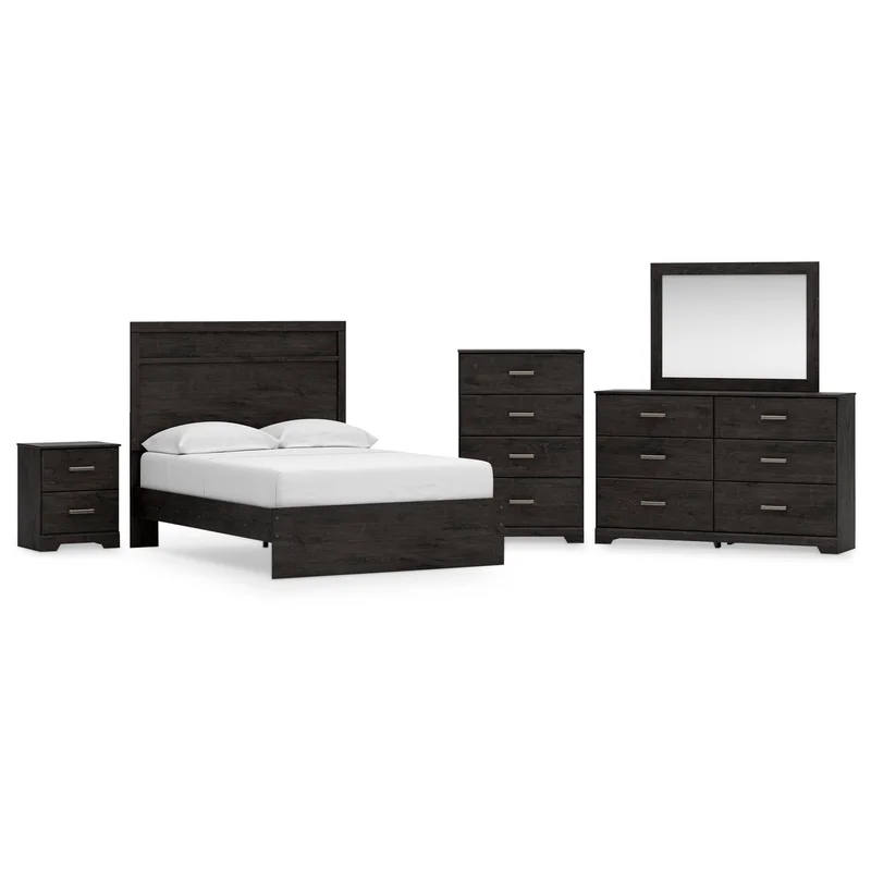 Belachime Full Panel Bed with Mirrored Dresser Chest and Nightstand