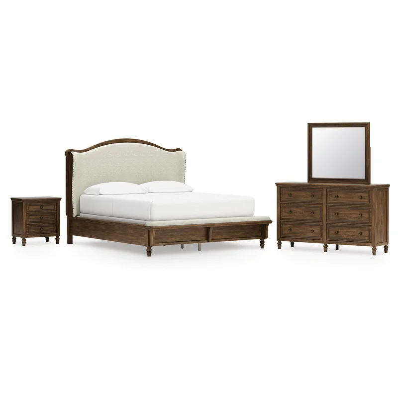 Sturlayne California King Upholstered Panel Bed Dresser Mirror and Nightstand