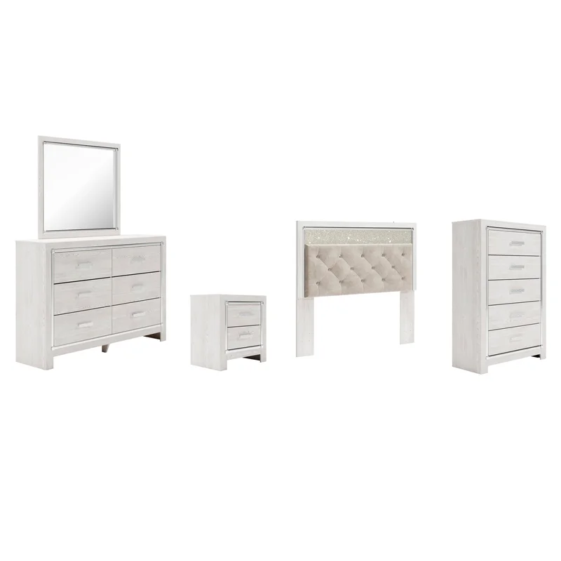 Altyra Queen Panel Headboard Bed with Mirrored Dresser Chest and Nightstand