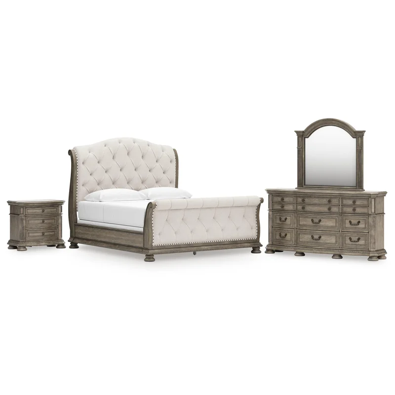 Ardenfield King Upholstered Sleigh Bed Dresser Mirror and Nightstand
