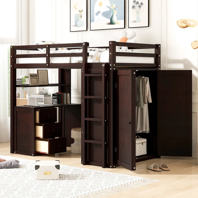 Twin size Loft Bed with DrawersDeskand Wardrobe-Espresso