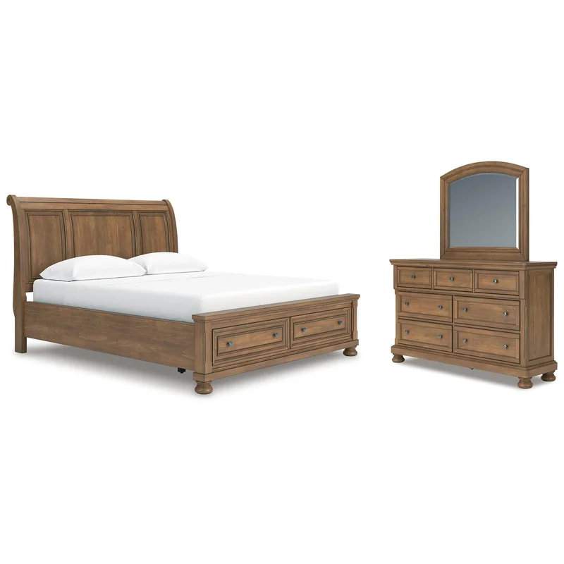 Vandenmore California King Storage Sleigh Bed with Mirrored Dresser