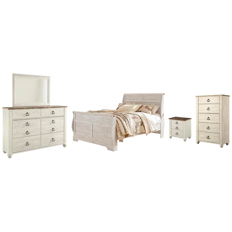 Willowton Queen Sleigh Bed with Mirrored Dresser Chest and Nightstand