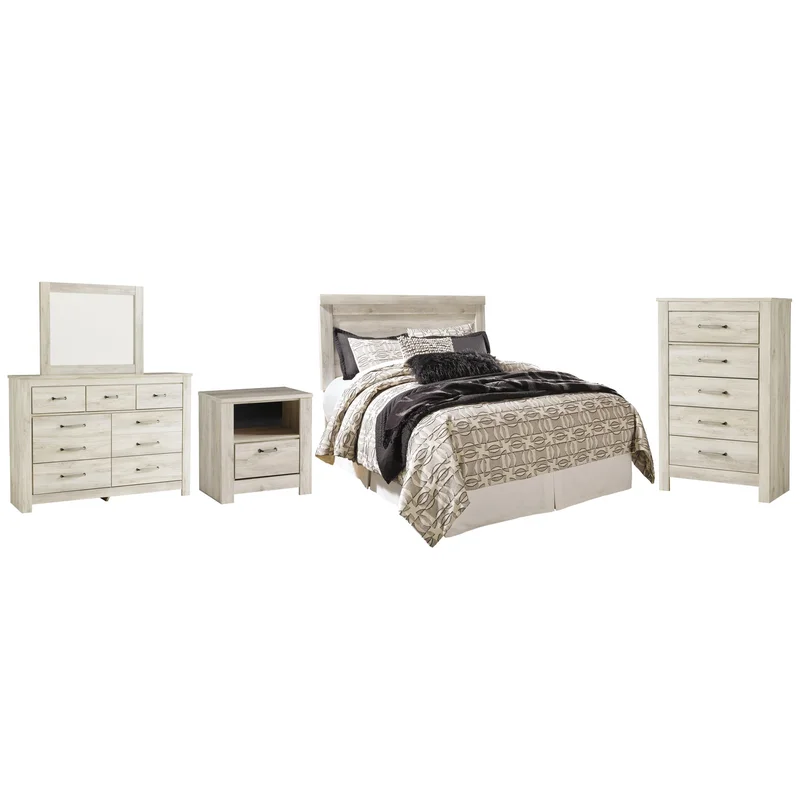 Bellaby Panel Headboard Bed With Mirrored Dresser Chest And Nightstand