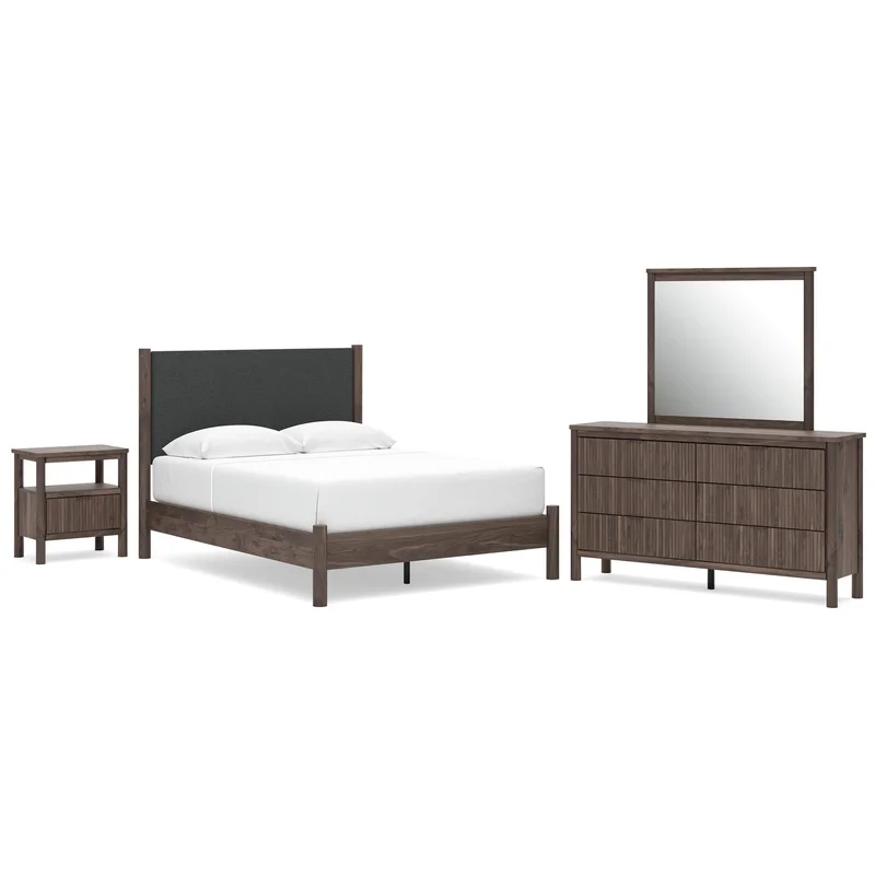 Cadmori Queen Upholstered Panel Platform Bed Dresser Mirror and Nightstand