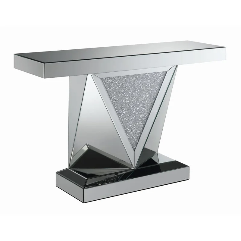 Amore Rectangular Sofa Table With Triangle Detailing Silver And Clear Mirror
