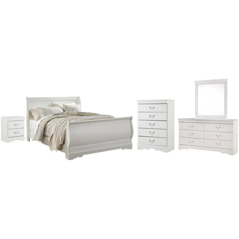 Anarasia Queen Sleigh Bed with Mirrored Dresser Chest and Nightstand
