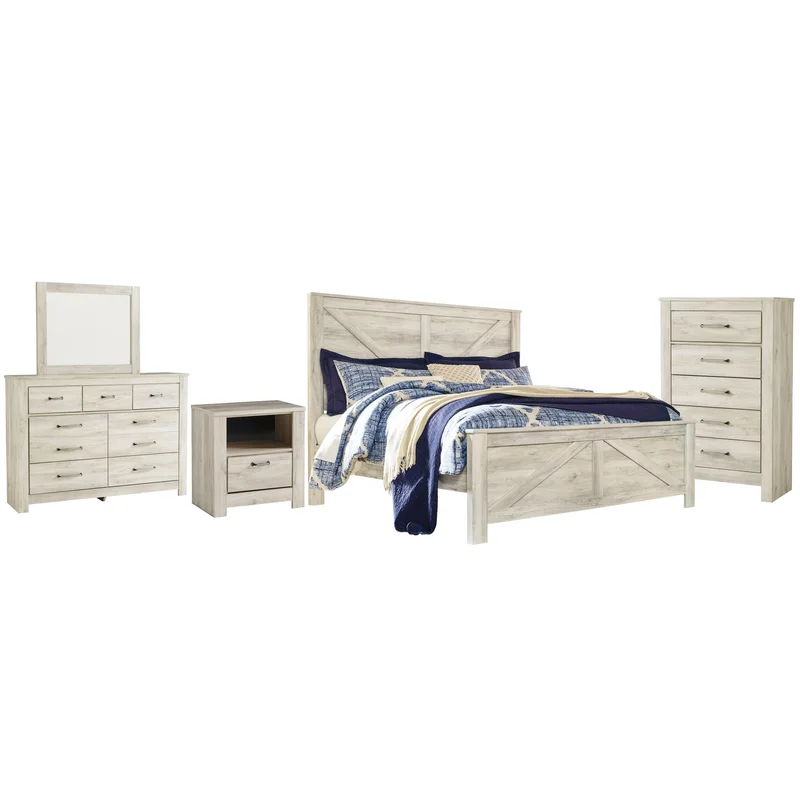 Bellaby Crossbuck Panel Bed With Mirrored Dresser Chest And Nightstand