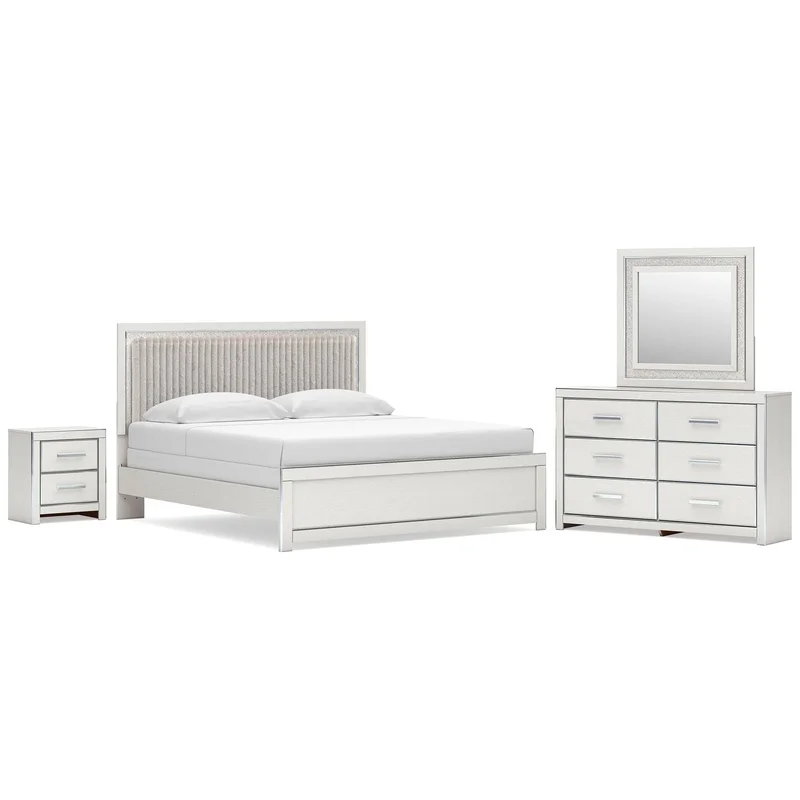 Birmonton King Upholstered Panel Bed Dresser Mirror and Nightstand