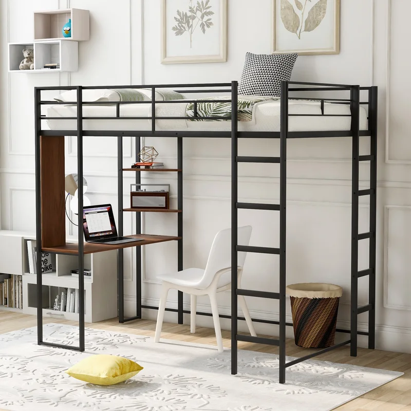 Twin Metal Loft Bed with 2 Shelves and one Desk BLACK(Old SKU: MF281206AAB)