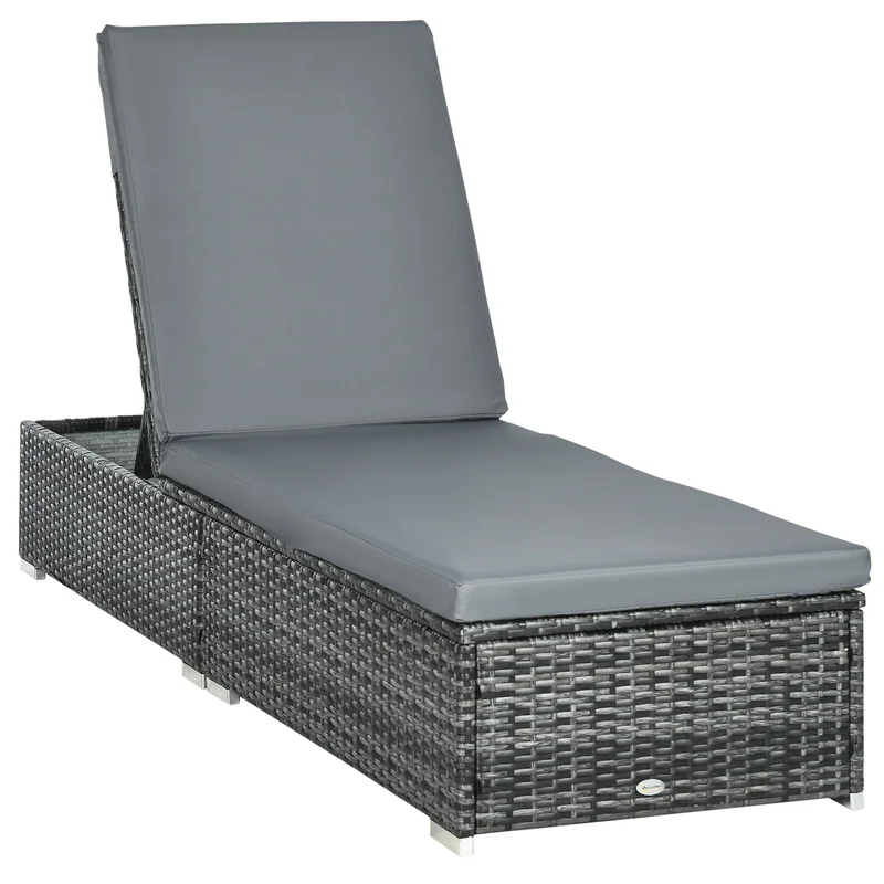 Rattan Sun Lounger with Adjustable Recliner - Grey Wicker Patio Chair