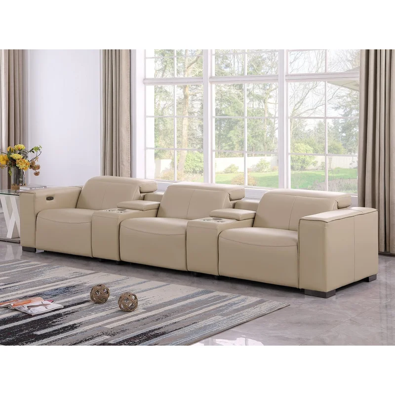 1208 - Leather Sofa With 3 Power Recliners And Two Storage Consoles