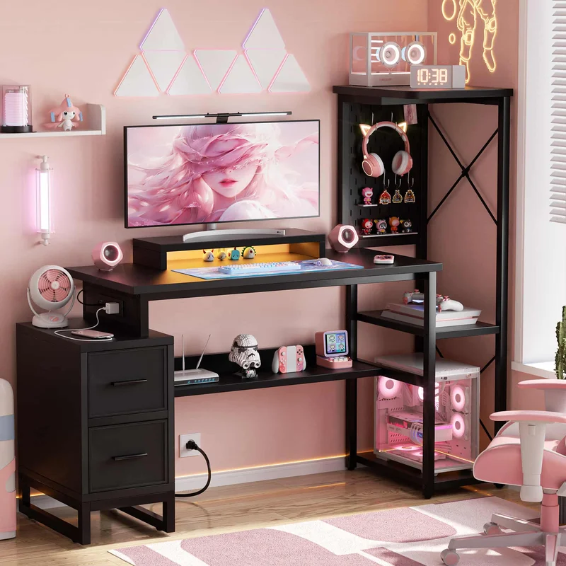 53" Gaming Desk with 2 Fabric Drawers LED Lights & Pegboard Reversible