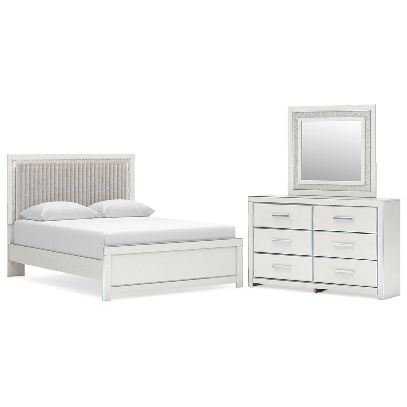 Birmonton Queen Upholstered Panel Platform Bed Dresser and Mirror