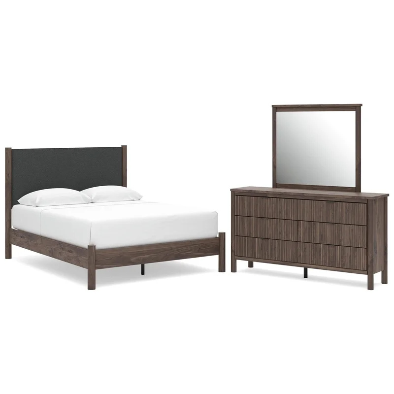 Cadmori Queen Upholstered Panel Platform Bed Dresser and Mirror