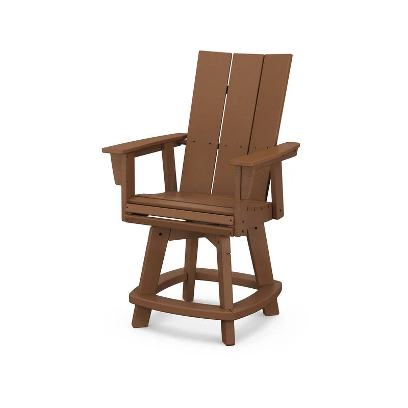 POLYWOOD Modern Curveback Adirondack Swivel Counter Chair in Teak