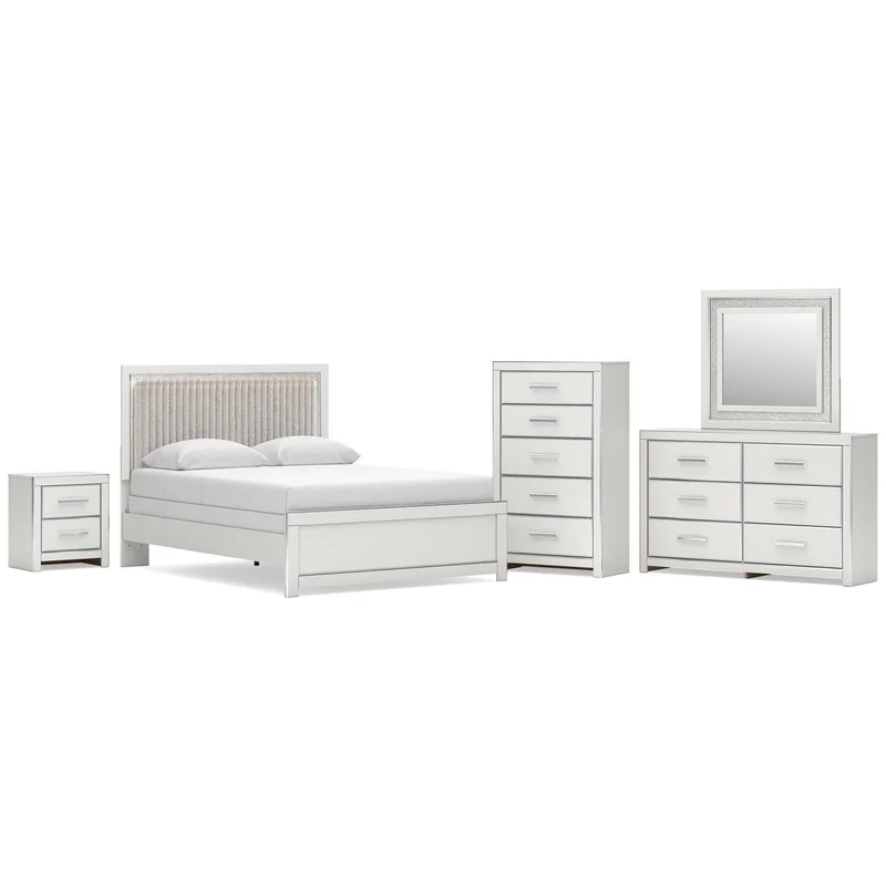 Zuraleus Queen Upholstered Panel Bed Dresser Mirror Chest and Nightstand