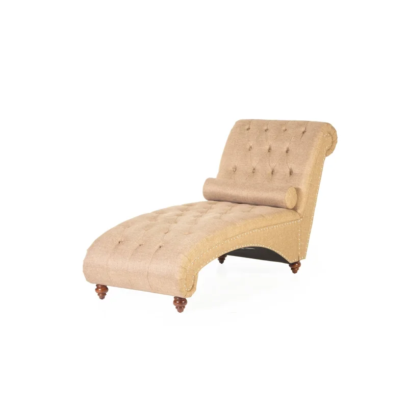 Light Brown Tufted Chaise Lounge with Nailhead Trim & Bolster Pillow
