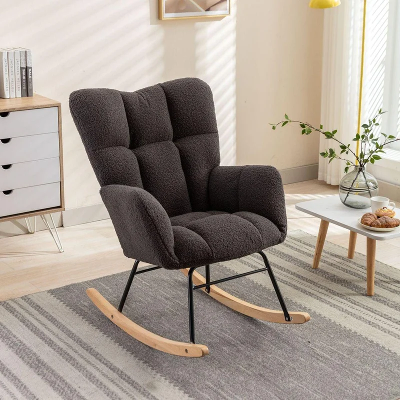 050-Teddy Fabric Rocking Gilder Nursery Chair For Living Room IndoorDark Gray