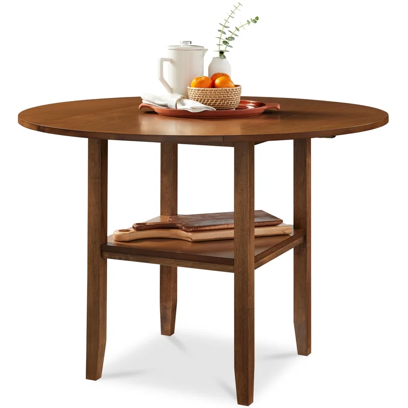 42" Round Drop Leaf Dining Table For 4 Solid Wood Table W/ Storage Shelf