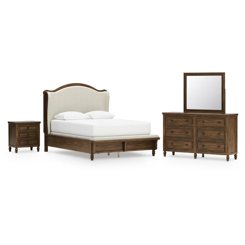 Sturlayne Queen Upholstered Panel Bed Dresser Mirror and Nightstand