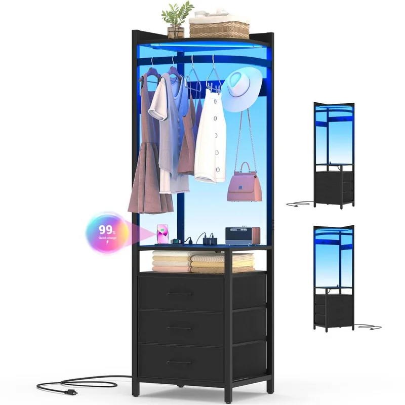 70'' Tall Corner Dresser with Power Outlet & LED Lights 4-tier Garment Rack with 3 Drawers & 4 Hooks