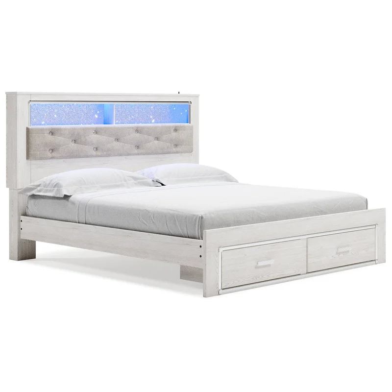 Altyra White King Upholstered LED Bookcase Storage Platform Bed