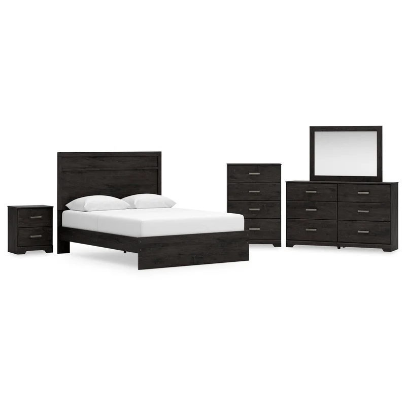 Belachime Queen Panel Bed with Mirrored Dresser Chest and Nightstand